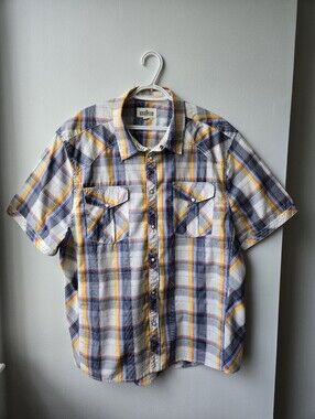 Distillery Mens XXL Plaid Shirt Yellow Blue Grunge Western Retro 90s Aesthetic
